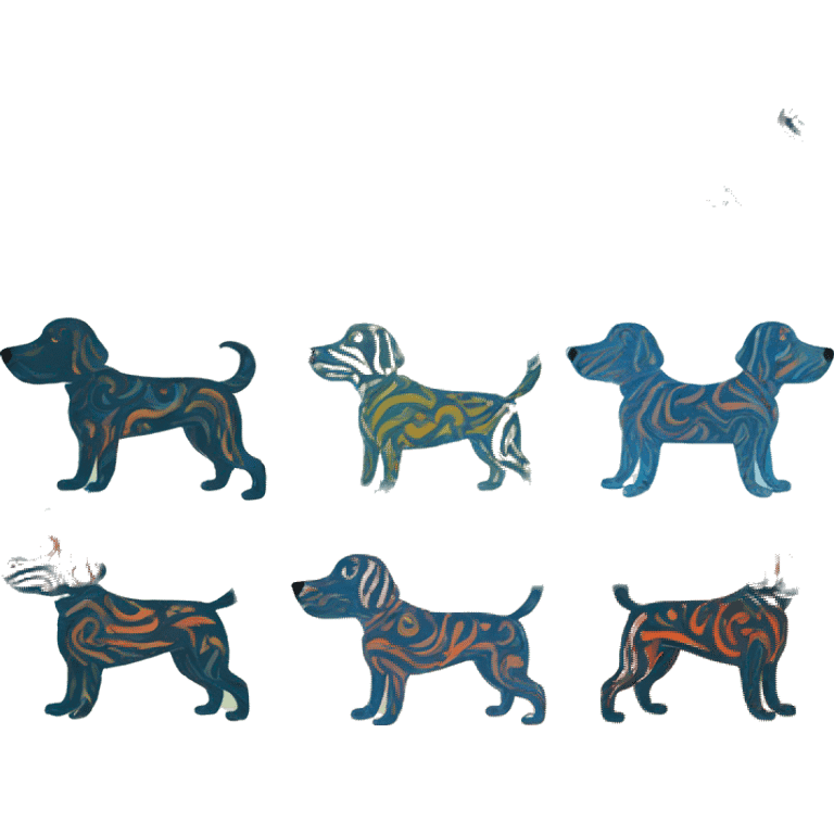 Abstract quirky funky made of different shapes dog running and squiggles linocut multicoloured illustrations  emoji