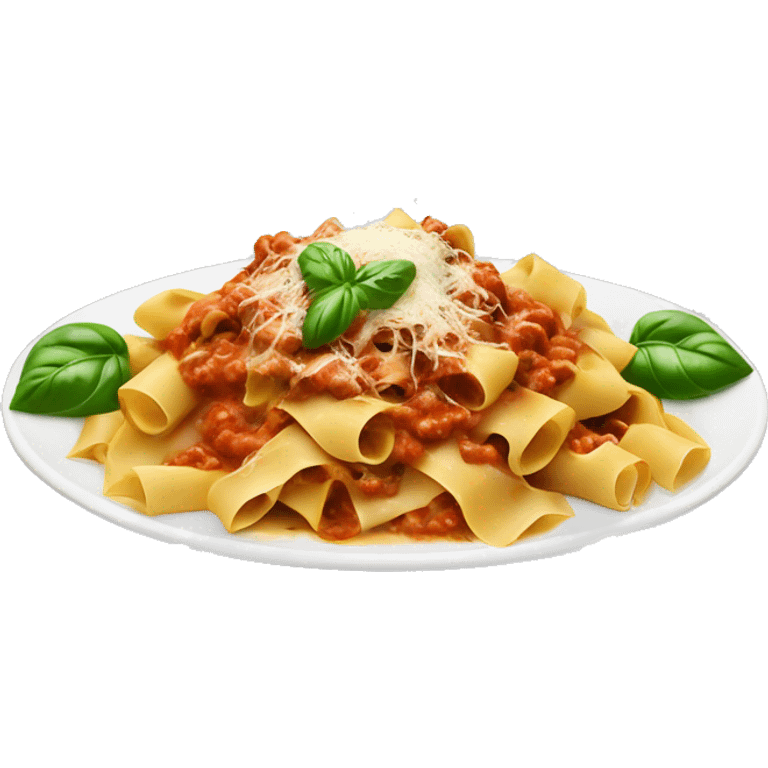 Plate of pappardelle topped with Bolognese sauce, cheese and basil  emoji