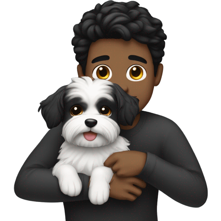 Black haired guy hugs black maltese dog  emoji