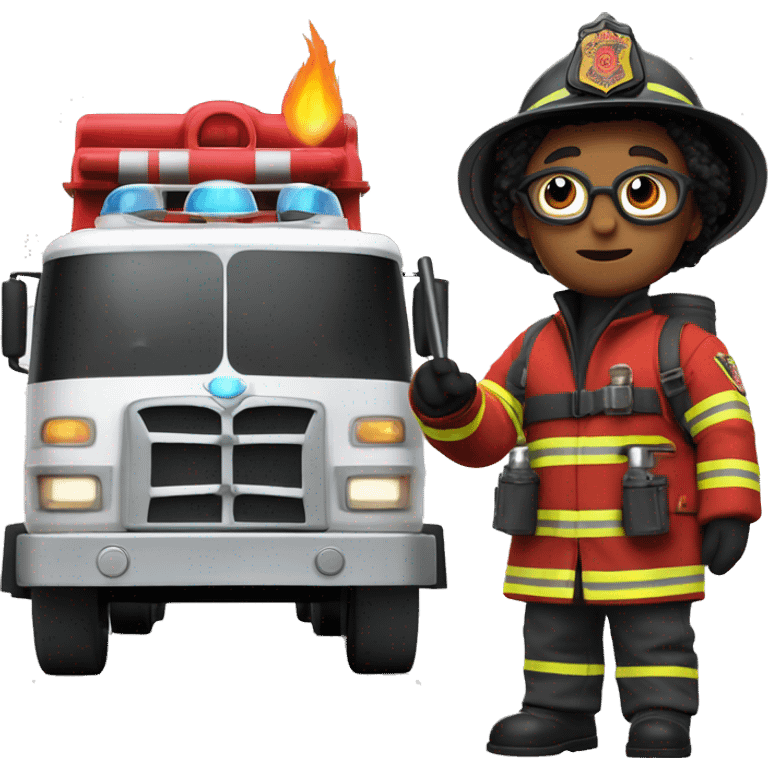 Harry Potter as a firefighter, wearing a fire helmet and protective gear, with his wand in hand, standing heroically in front of a firetruck emoji