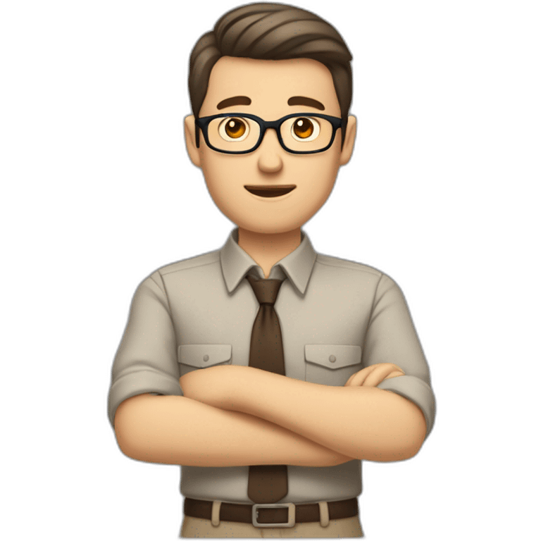 To belt Actively gesturing with hands 👌 Pale skinned fit man with dark brown hair in gray jacket, beige office shirt, brown tie, brown pants and vintage glasses. emoji