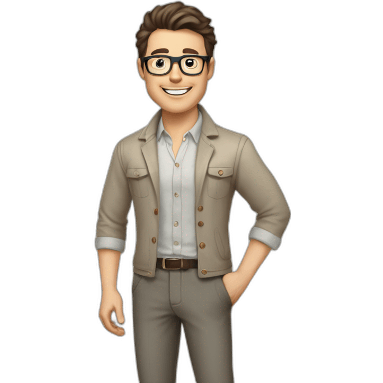 Joyful Pale skinned Fit Man With dark brown hair in gray jacket, beige office shirt, Brown pants and vintage glasses. His thrumbs up emoji