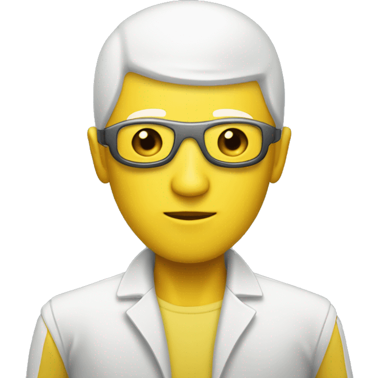 Podologist male, bald, white-skinned, masked, wearing a robotic yellow suit emoji