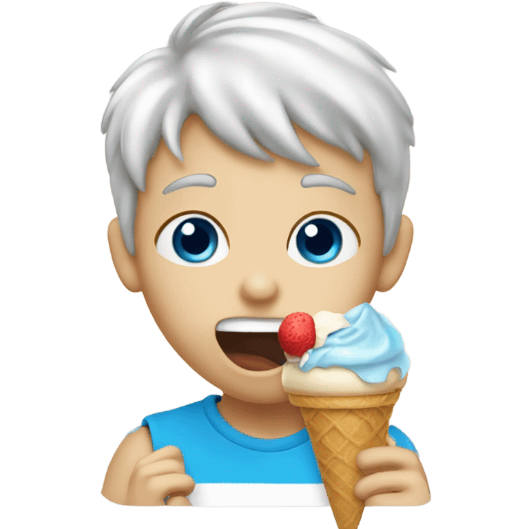 boy licking ice cream with blue eyes and having ice cream on its face emoji