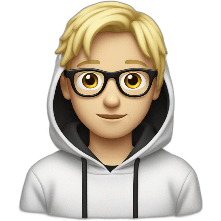 realistic thin white teenager with blond hair.  He is cross-eyed and wears black glasses.  He is also wearing a white hooded sweatshirt.  he has black eyes and a long face. Long neck emoji