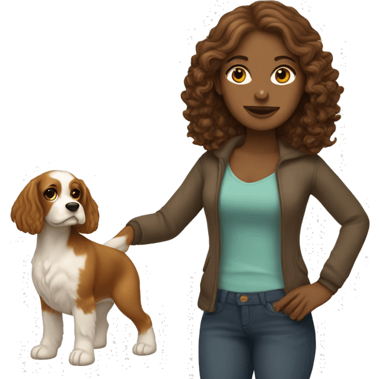 White Girl with brown hair holding a yellow cocker spaniel emoji