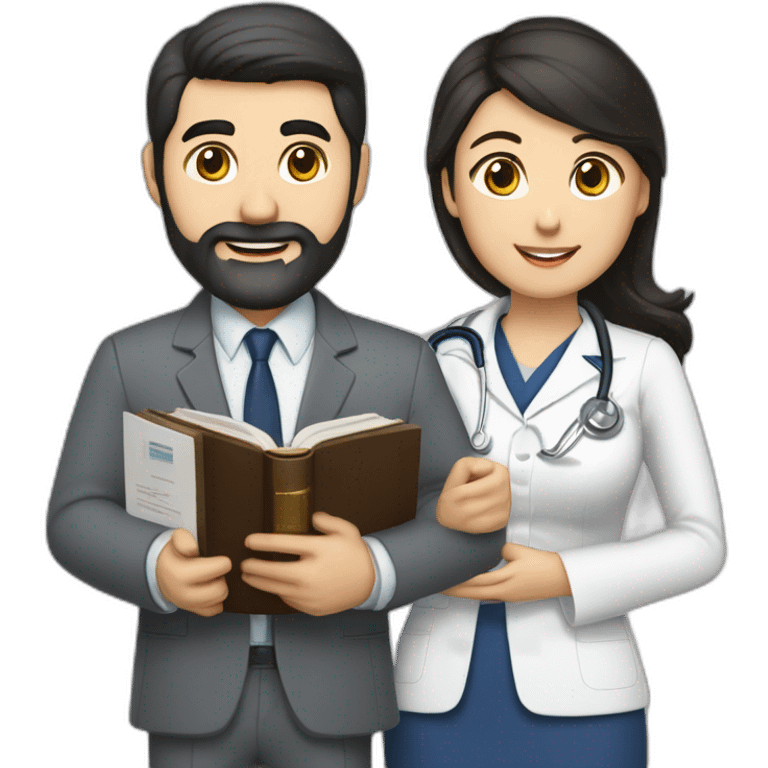 husband classic executive 55 dark hair trimmed beard wearing business suit holding bible, with wife asian age 55 dark hair wearing nurse uniform emoji