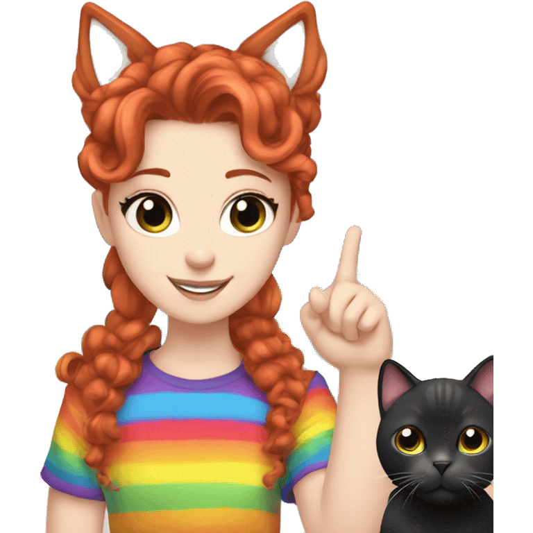 a white girl with long red curly hair in a pony tail with rainbow shirt does peace sign wearing cat ears one black other white emoji