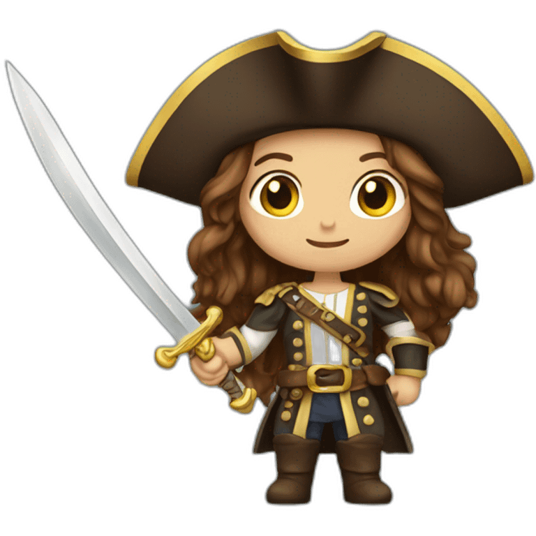 pirate king long brown hair golden eyes tan skin holding a sword woman emoji