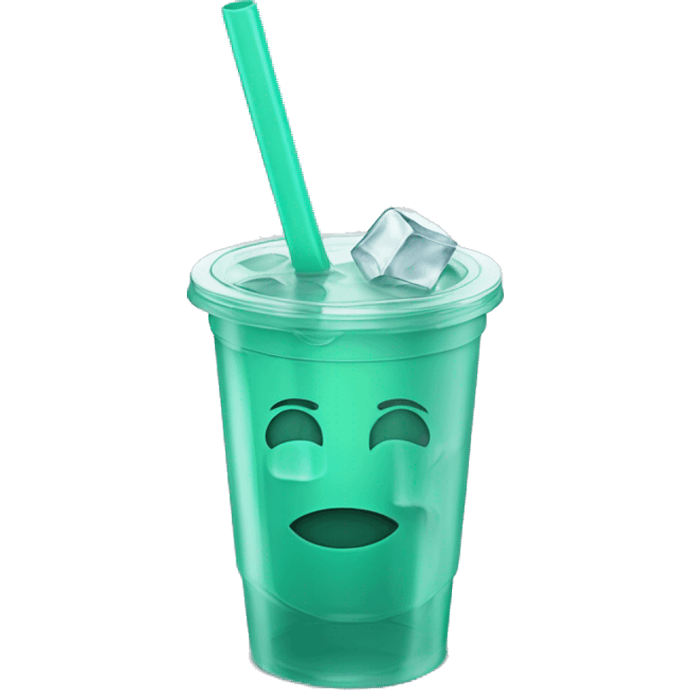 Realistic plastic cup and lid with Transluscent dark mint green and large ice cubes inside and one straw through the top of the lid. emoji