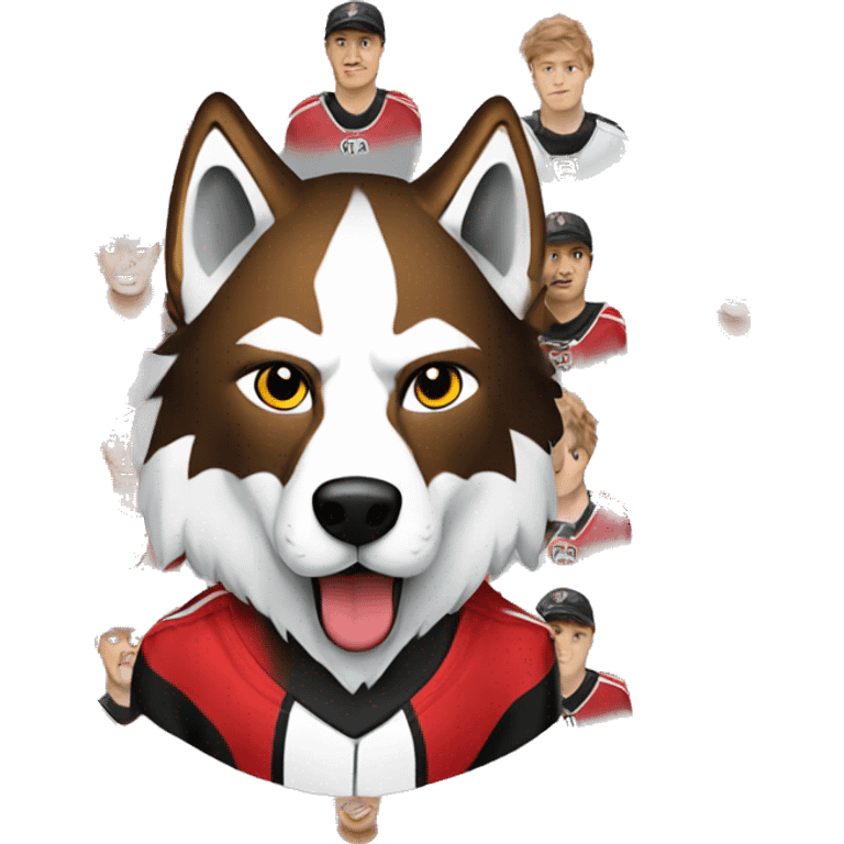 The Wolves hockey team in red white and black uniforms with the wolf emblem emoji