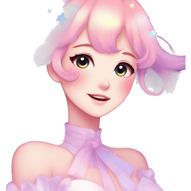 Gorgeous pastel anime style lady blushing nebula-gradient-sparkle face dreamy idol model colorful shiny stars galaxy kawaii cottagecore pearly petite simplistic aesthetic trending style emoji