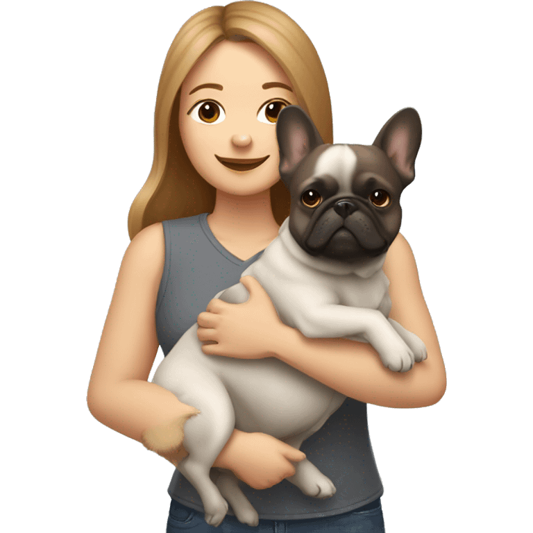 light brown hair woman hugging two dogs: a pomeranian and a dark gray french bulldog emoji