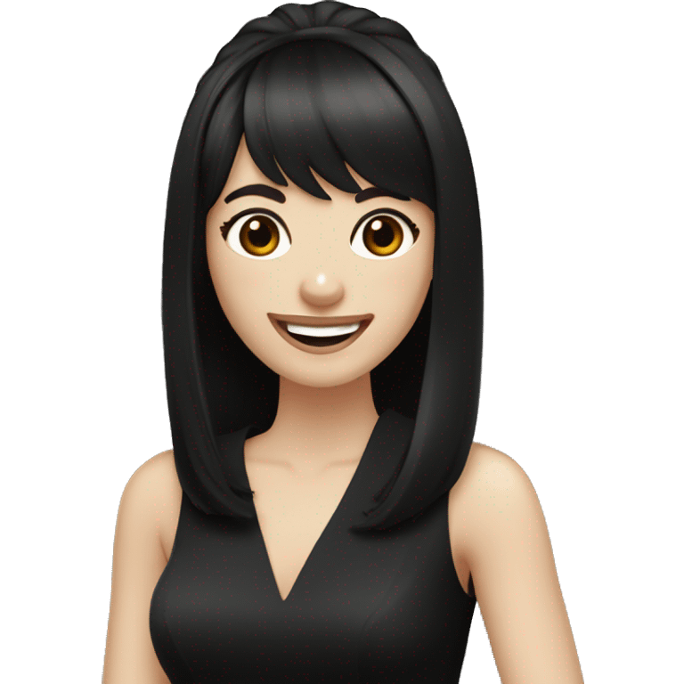 bride with very pale skin dark brown straight hair black dress and bangs laughing emoji