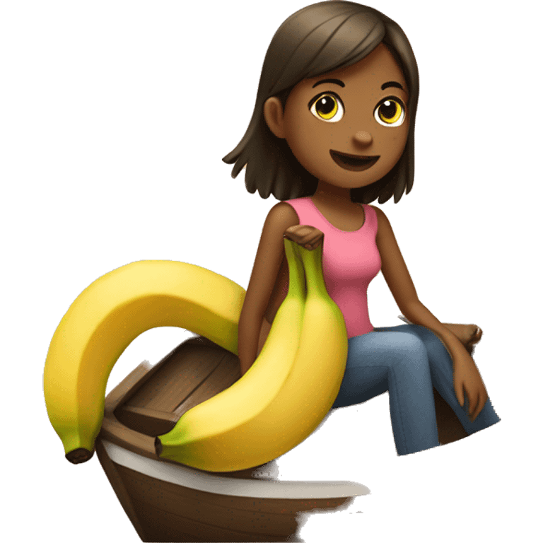 Girl sitting on a boat that is a banana emoji