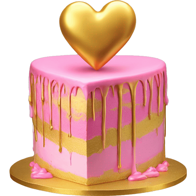 Realistic pink and yellow heart shaped layered cake with metallic gold icing dripping down the cake. emoji