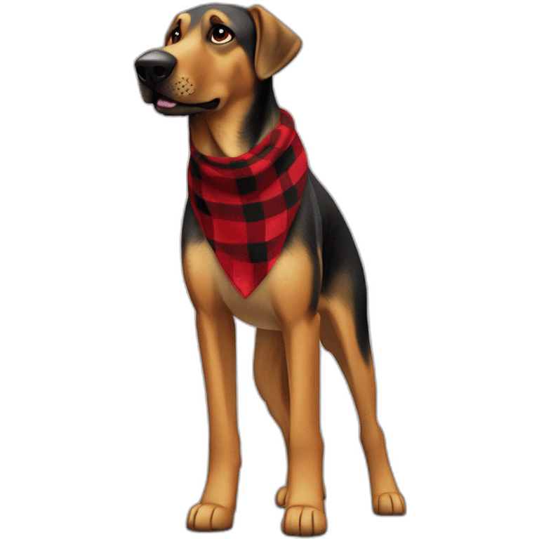 adult 75% Coonhound 25% German Shepherd mix dog with visible tail wearing small pointed red buffalo plaid bandana full body walking left quickly emoji