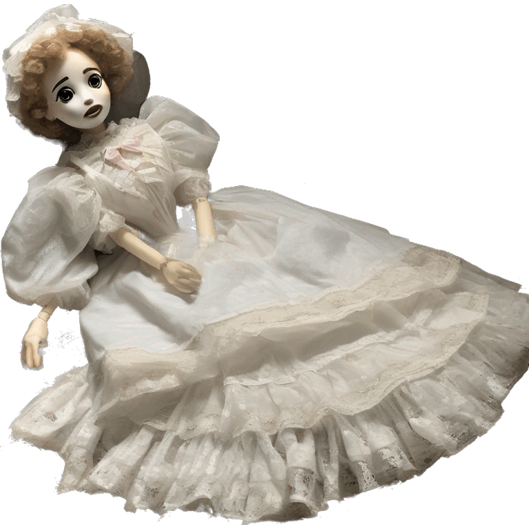 broken broken, porcelain doll, lying on the ground with cracked in the Lacey puff sleeve Victorian, vintage gown, white Mary Janes, with bows in her hair ￼ ￼￼ emoji