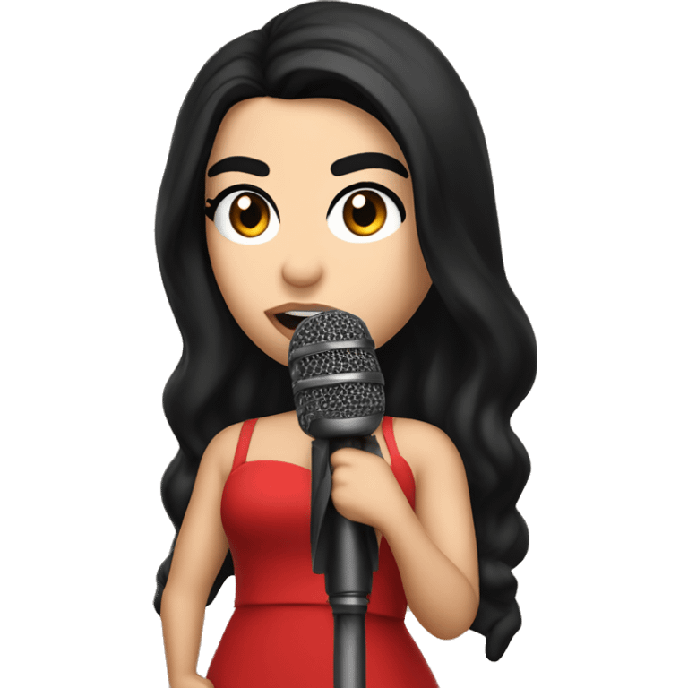 Dua Lipa, with long black hair, wearing a red dress, singing with a microphone in her hand emoji