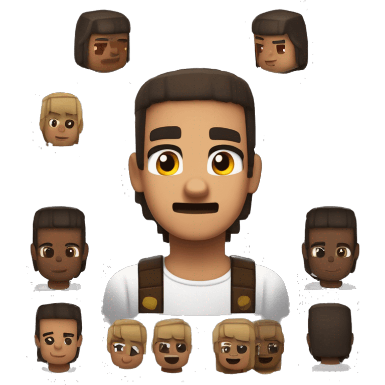 niño con pelo cafe oscuro, ojos  cafe muy grandes, pesatañas largas, cejas pobladas piel blaca, nariz respingada y sonrisa linda, camisa de minecraft  emoji