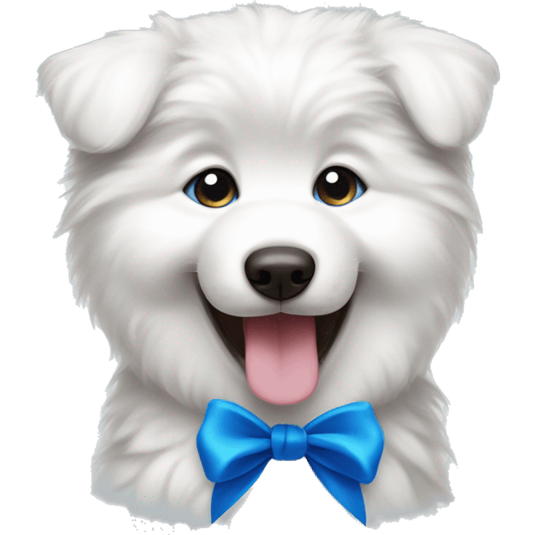 Samoyed puppy with big eyes and tongue smiling with blue Ribbon 
 emoji