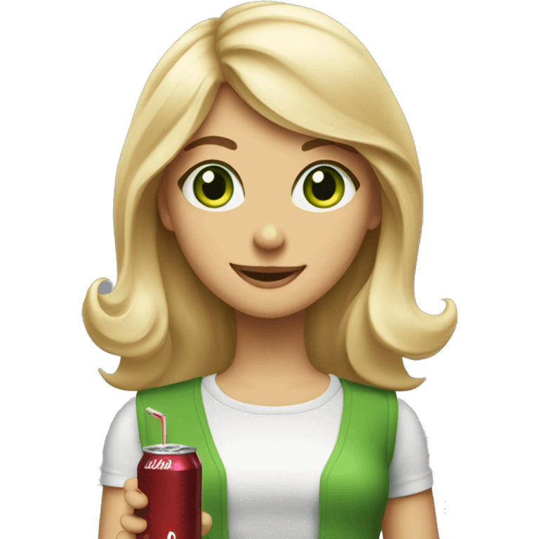 Blonde girl with shoulder length hair and swooped, bangs, big green eyes holding a diet Dr Pepper and looking happy emoji