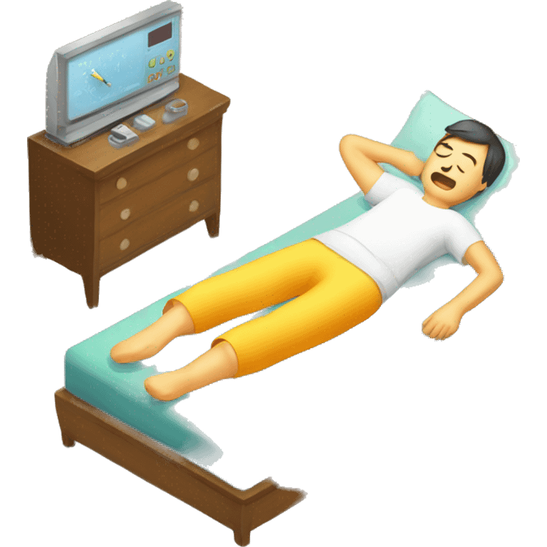 sick man lying on the bed, fever, thermometer with high temperature emoji