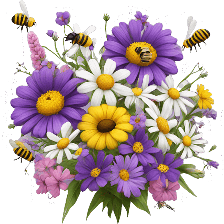 Beautiful wild bouquet of flowers purple pink white yellow with bees emoji