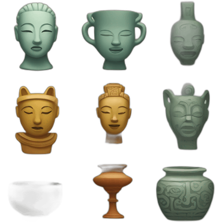 statue where elements of Chinese ceramics, Incan symbols, and African masks emoji