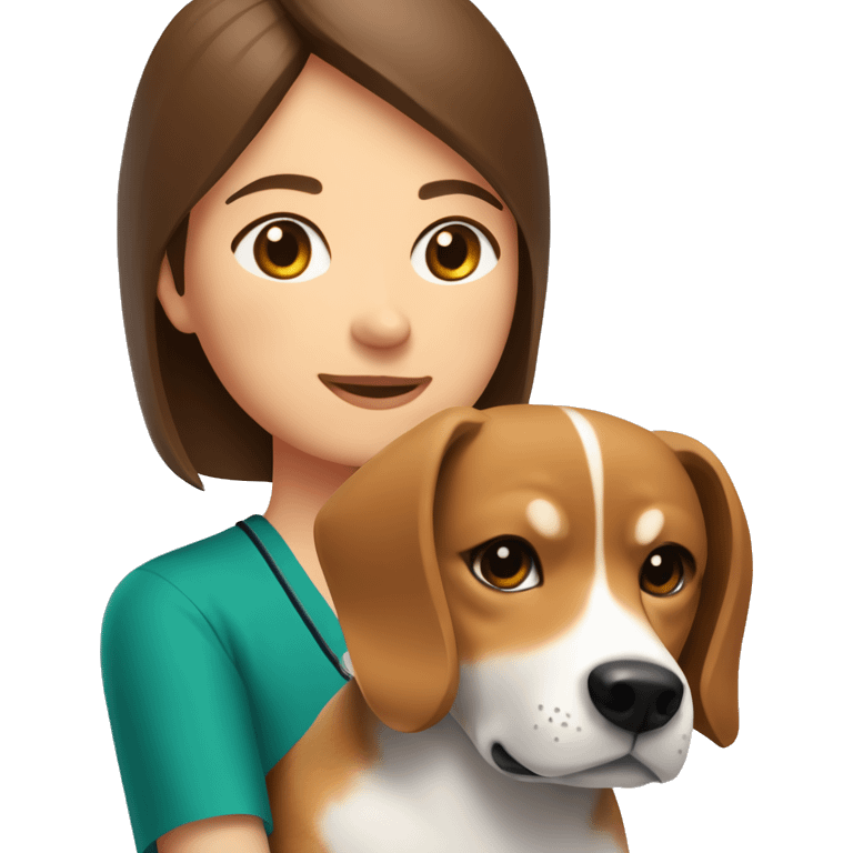  A Beagle dog and a Shiba Inu dog cuddle pediatrician woman with medium long  brown hair  emoji