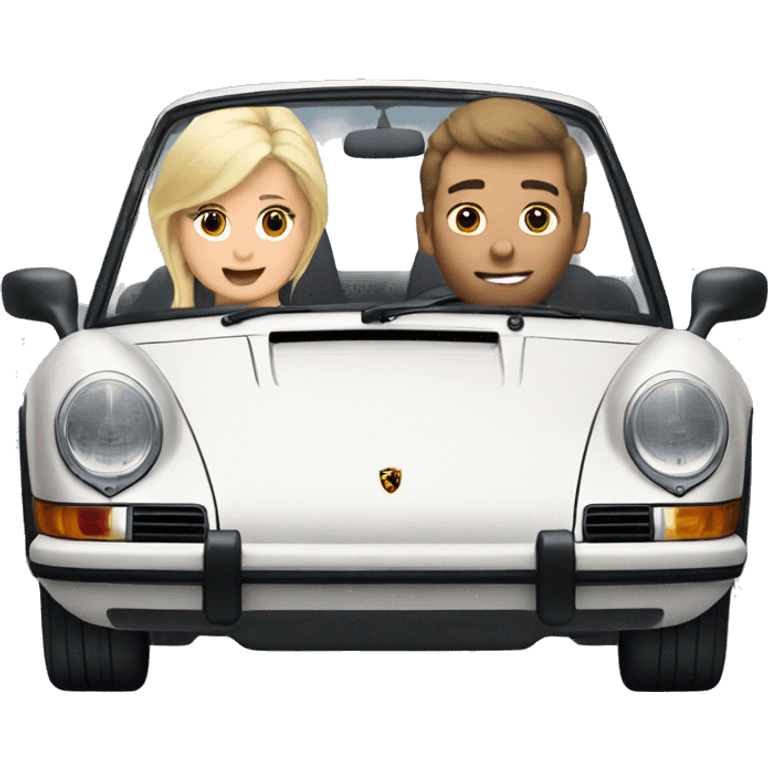 blonde girl and brunette guy driving a Porsche 911 emoji