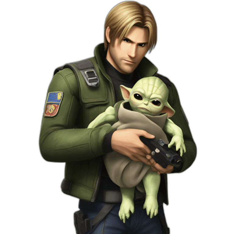 Leon Kennedy ( Resident Evil) holding baby yoda emoji