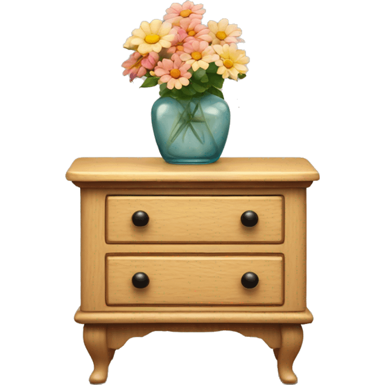 vintage night stand, light wood, vase with flowers on top emoji