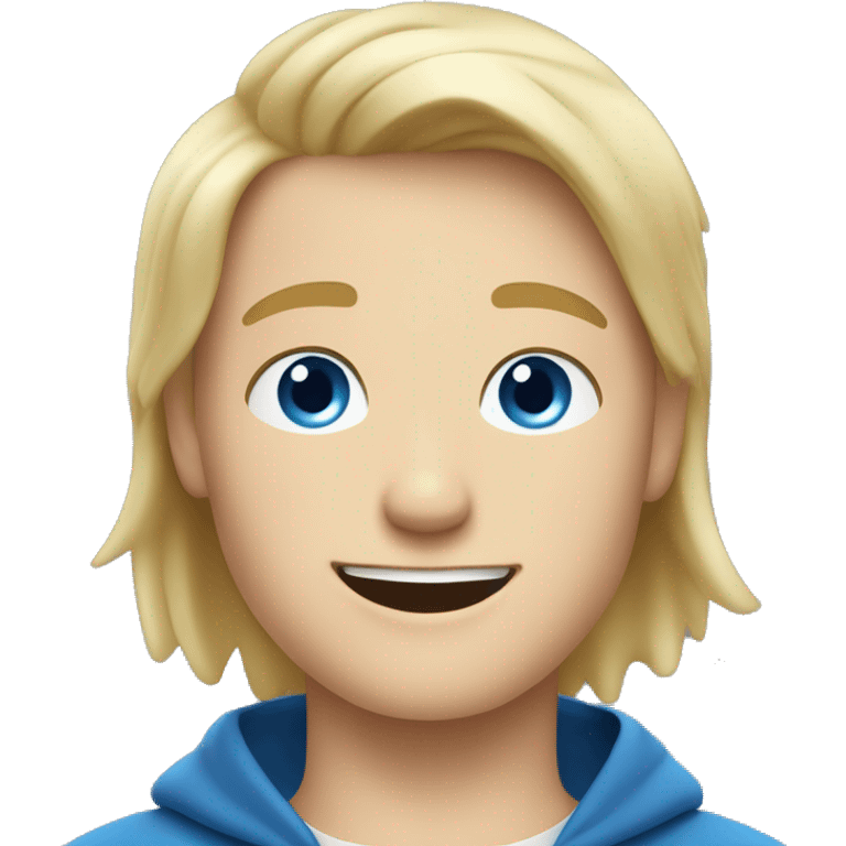 Blonde teen boy with medium short straight hair, little goate beard, blue eyes, waving hi to the camera emoji