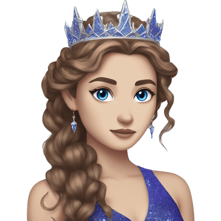 Feyre has brown hair with bright blue eyes and a silver crown on top of her head. She wears a purple blue glitter dress  emoji