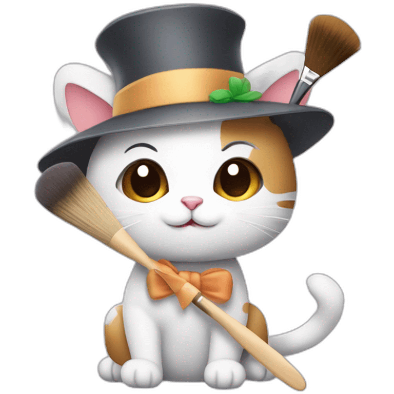 Kawaii cat artist in hat holding palette and brush so it can be used as a mouse cursor emoji