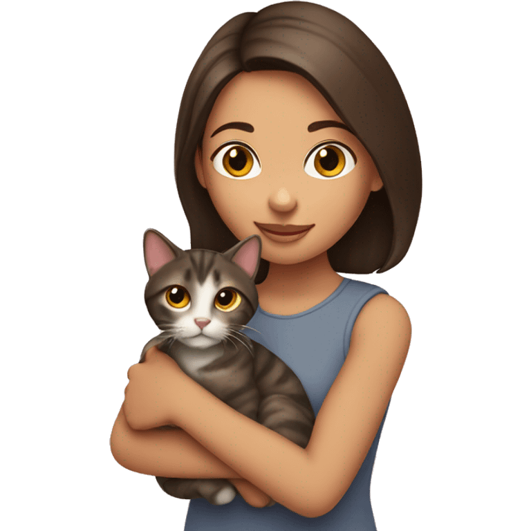 Brunette girl holding tabby cat emoji