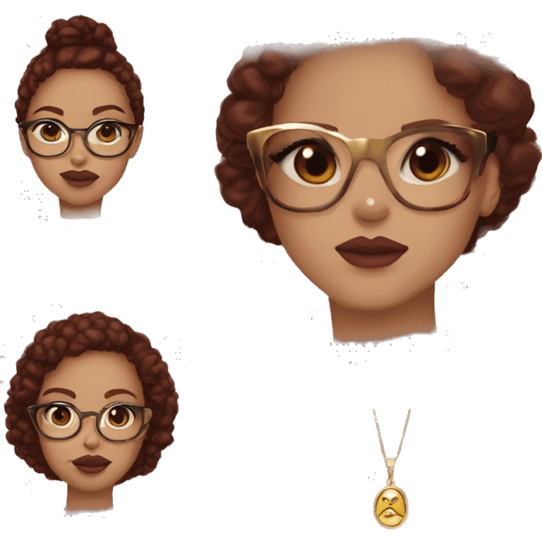 Light skin girl with burgundy, brown hair, a gold nose diamond stud, and turtoise glasses, clean girl aesthetic with brown eyes emoji