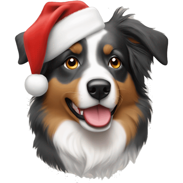 Australian shepherd wearing a Santa hat emoji