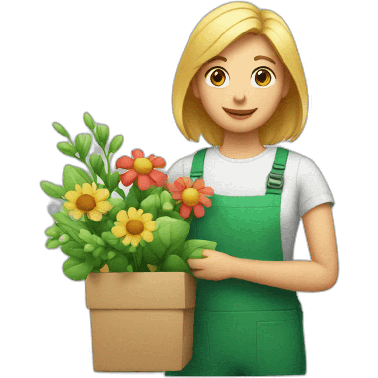 The florist is holding flowers, a gift and a green tick emoji