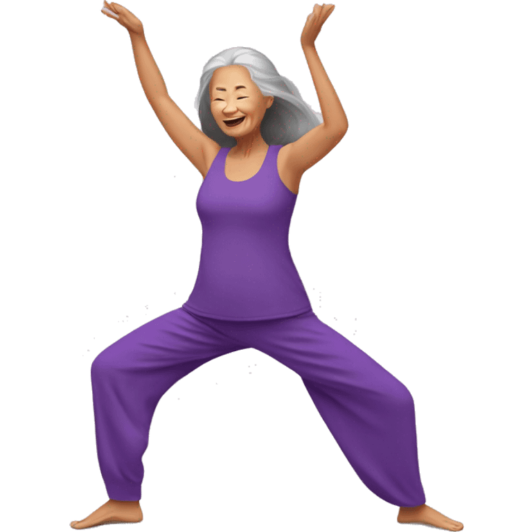 Long hair Asian senior woman in purple yoga cloth dancing Zumba emoji