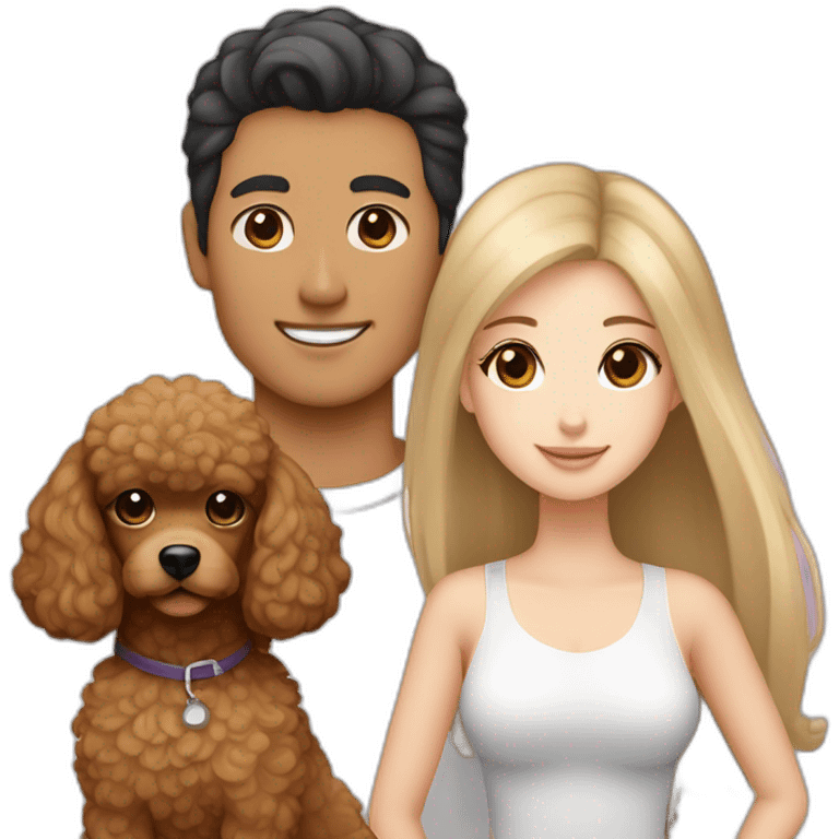 A couple consisting of asian korean man with dark eyes and hair tanned skin and white girl with long straight blonde hair and brown eyes with brown toy poodle emoji