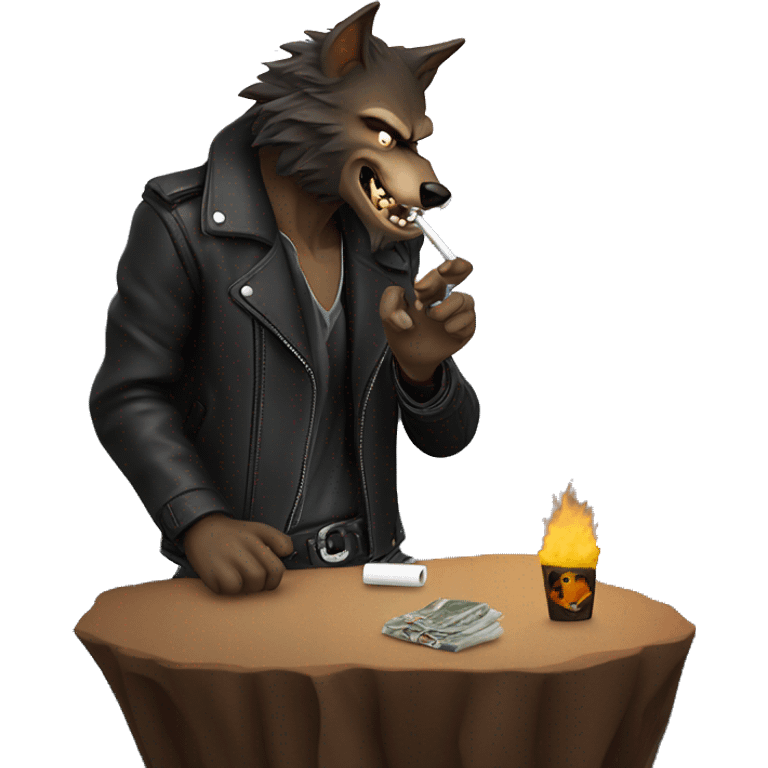 Werewolf in a leather jacket smoking a cigarette overlooking a cliff emoji