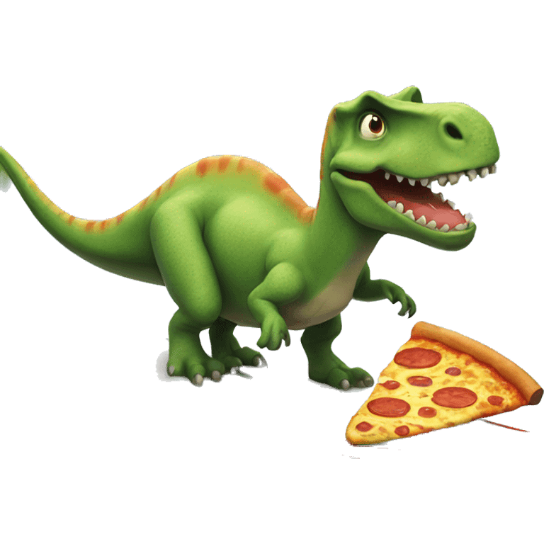 Dinosaur riding a surf board eating pizza emoji