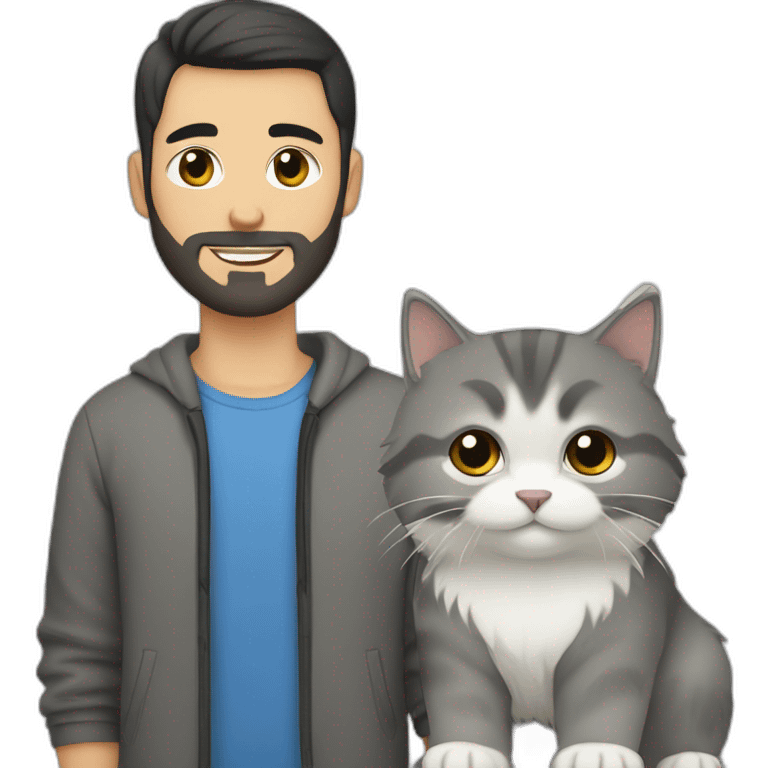 Uzbek white guy with beard and short black hair carrying a grey and white Siberian cat emoji