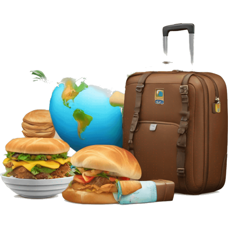 It represents the globe in the background, a travel bag, a paradise landscape and food. emoji