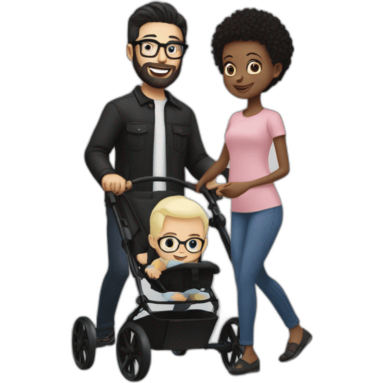 White man with Black hair,  beard and glasses pushing buggy with blonde baby emoji