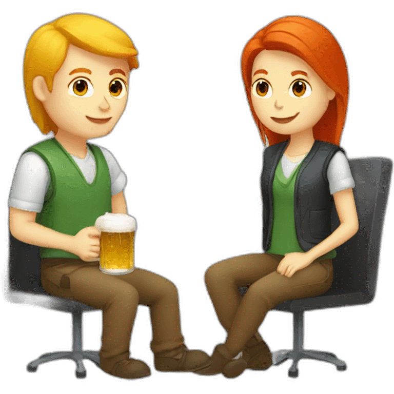 a blond and red head programmers, drinking beer and coding emoji