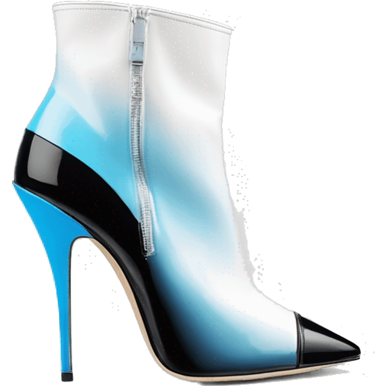 Realistic isolated top view of a pair of white,sky blue,and black ombre Jimmy Choo Stiletto Heel Zippered ankle bootie boots  emoji