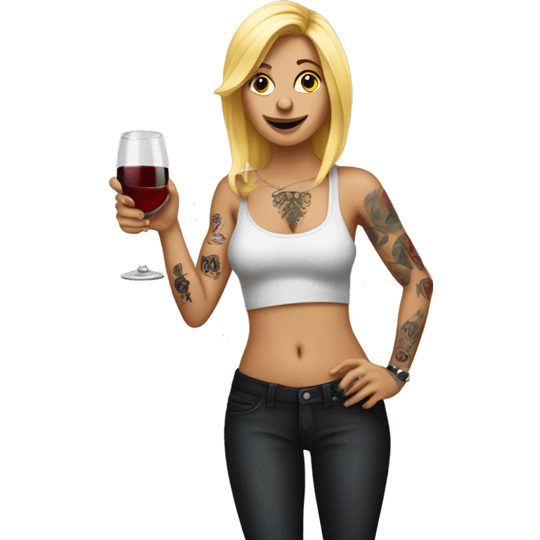 Blonde women in, her body covered with tattoos, wine in her one hand and pointing you with other hand with her pointer finger emoji